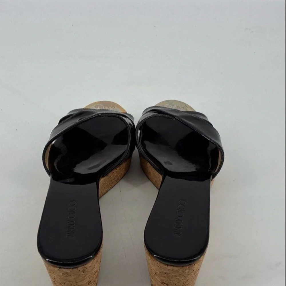Jimmy Choo Black Patent Criss Cross Cork Wedge Platform Sandals